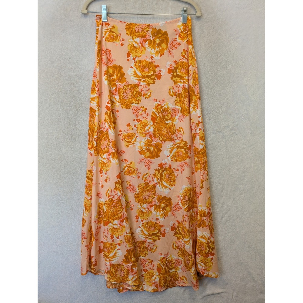 Angel Biba Maxi Skirt Women's Size S Orange Floral Boho Flowy‎ Long Back Zip